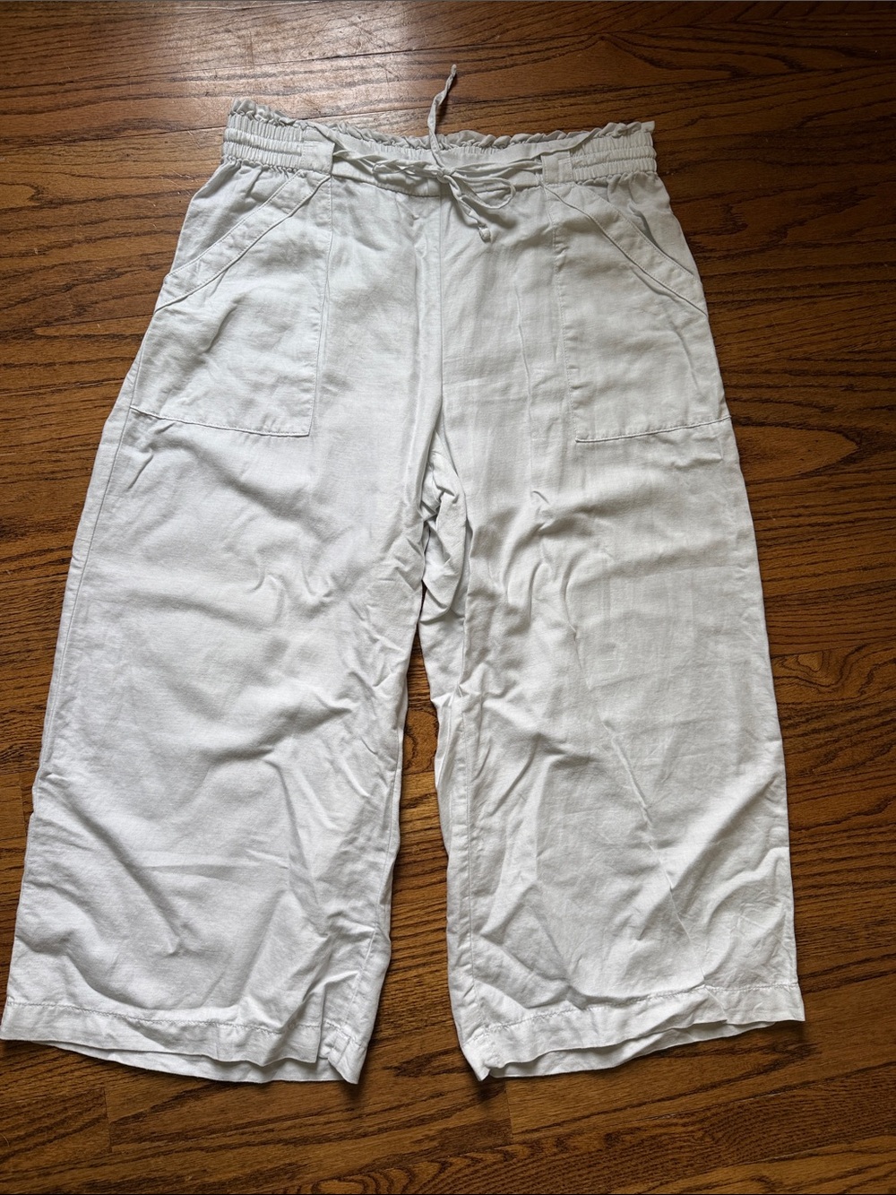LOFT Light Ivory Elastic Waist Linen-Blend Pants